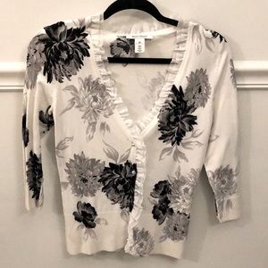 Black, White, and Grey Floral Cardigan with Frills